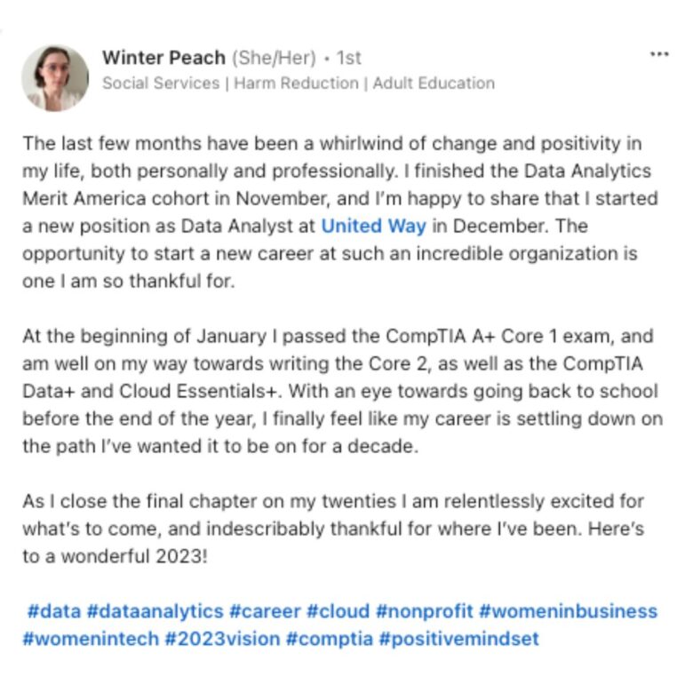 Winter announces her new position as a Data Analyst and her success in passing the CompTIA A+ Core 1, Data+, and Cloud Essentials+ exams.
