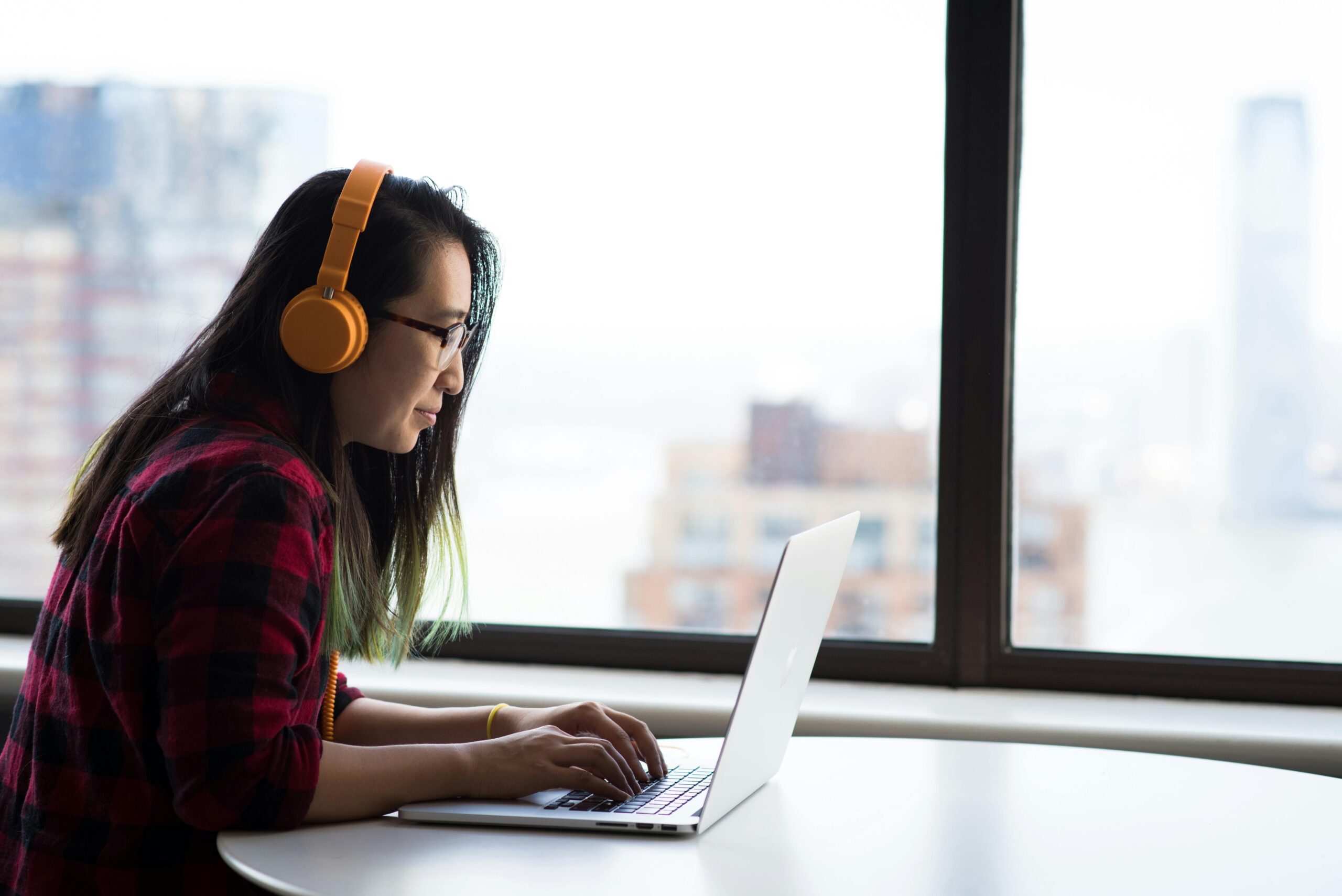 A woman working remotely.