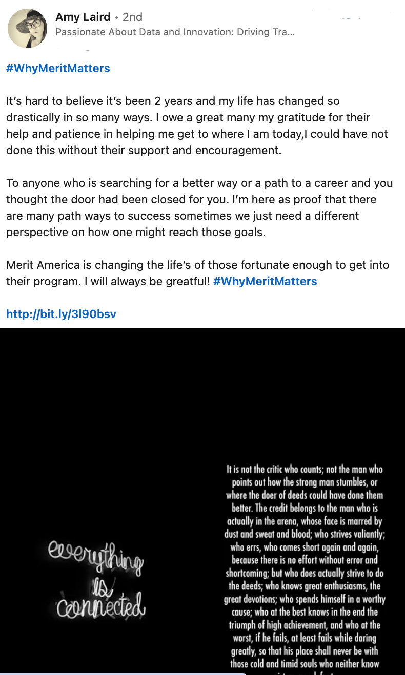 A screenshot of Amy talking about Merit America.