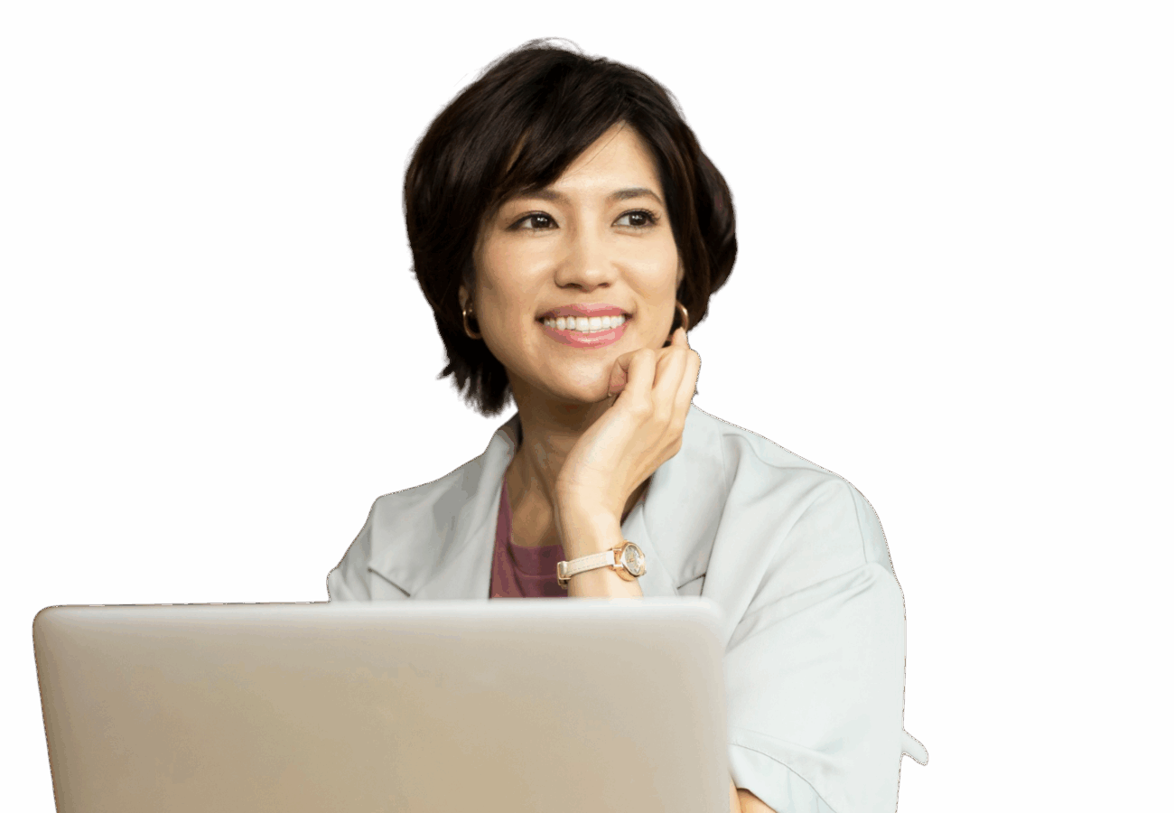 Transparent image of a woman smiling at a laptop.